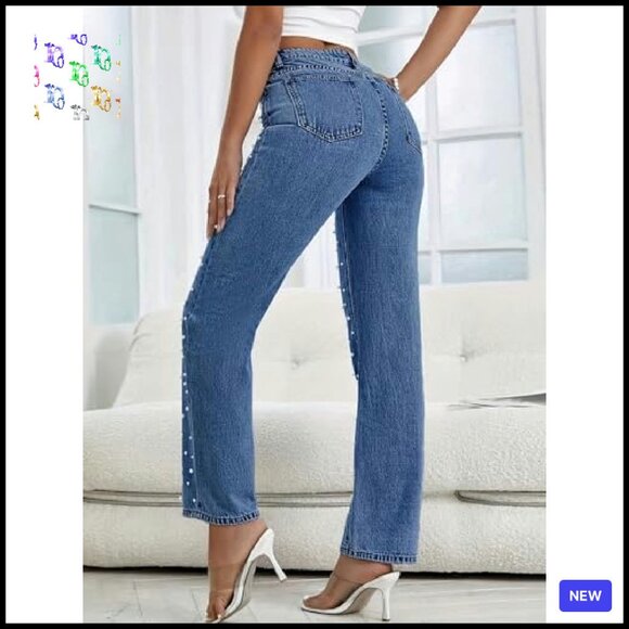 High Waisted Boyfriend Jeans Wide Leg Straight Denim Pants Y2K Chic Casual - Picture 4 of 8